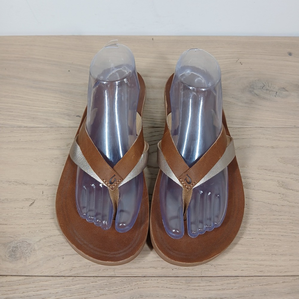 Olukai Kaekae W Flip Flop Sandals Womens 10 Tan Gold Leather Beach Resort